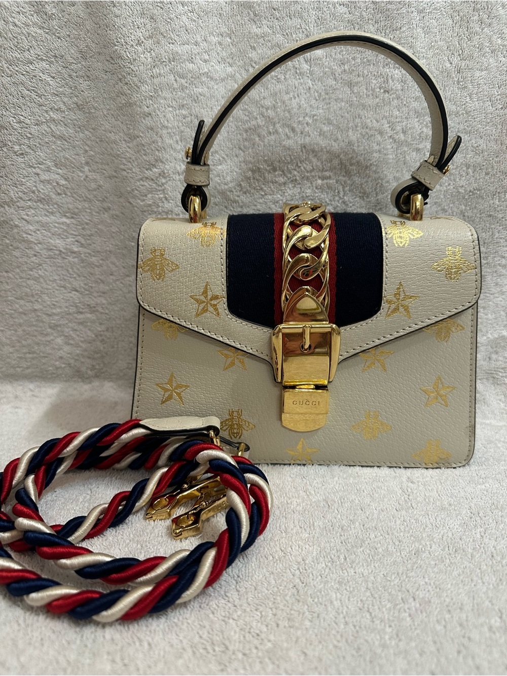 Gucci Sylvie Mini Top Handle Satchel with  Bee & Star Motif and Red-Blue Strap